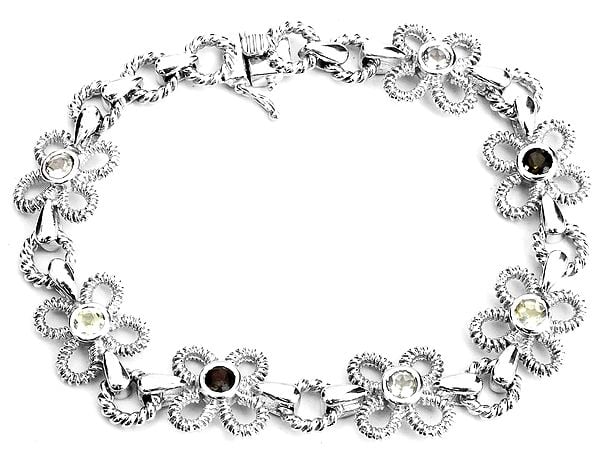 Faceted Triple Gemstone Flower Bracelet (Peridot, Smoky Quarz and Crystal)