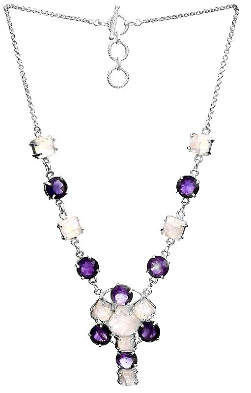 Faceted Rainbow Moonstone and Amethyst Necklace