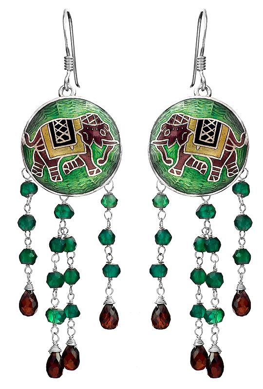 Elephant Meenakari Earrings with Faceted Garnet and Green Onyx Showers