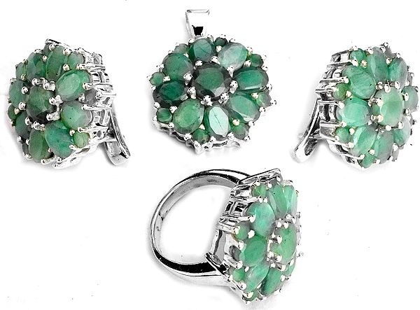 Faceted Emerald Pendant with Earrings and Ring Set