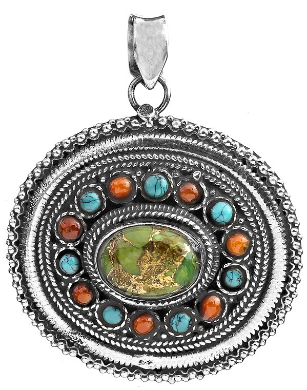 Triple Gemstone Pendant (Green Mohave Turquoise, Coral and Turquoise)