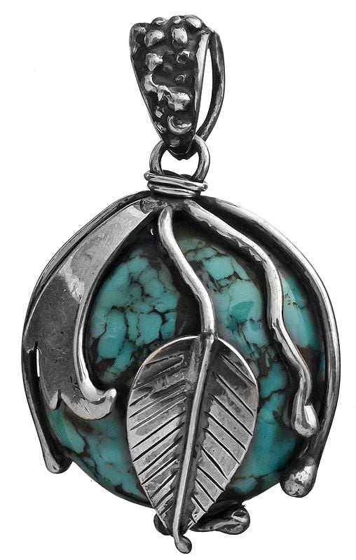 Spider's Web Turquoise Pendant and Sterling Leaves