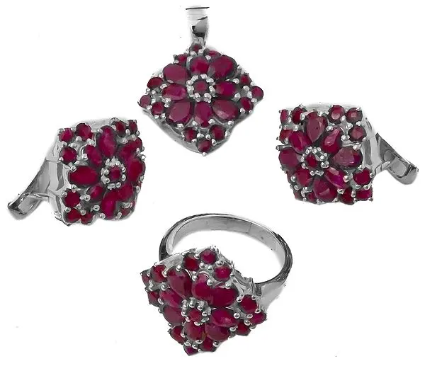 Faceted Ruby Pendant with Earrings and Ring Set - Sterling Silver