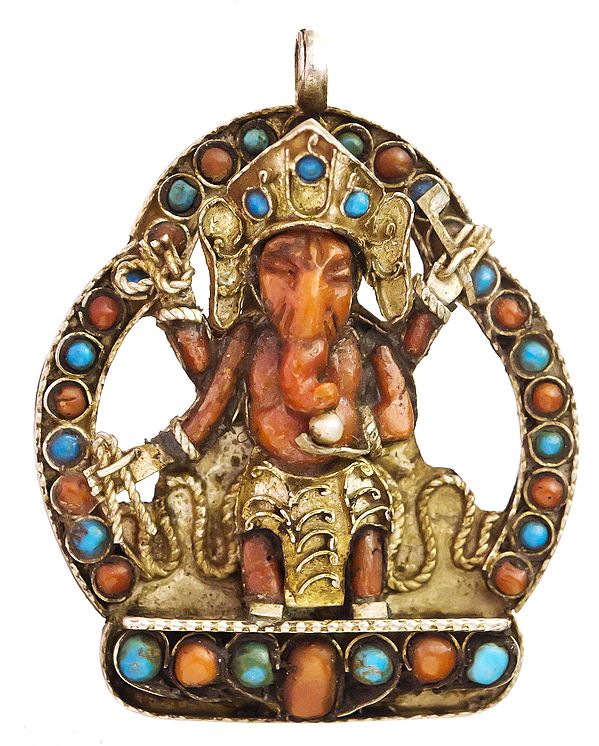 Lord Ganesha (Carved in Coral) Pendant  with Turquoise and Coral