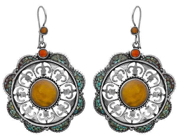 Inlay Wheel Earrings with Amber and Coral