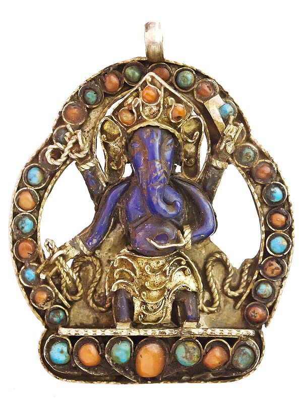Lord Ganesha (Carved in Lapis Lazuli) Pendant with Coral and Turquoise