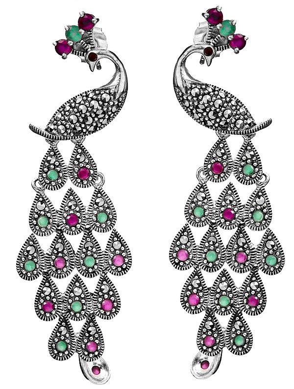 Marcasite Peacock Post Earrings with Ruby and Emerald