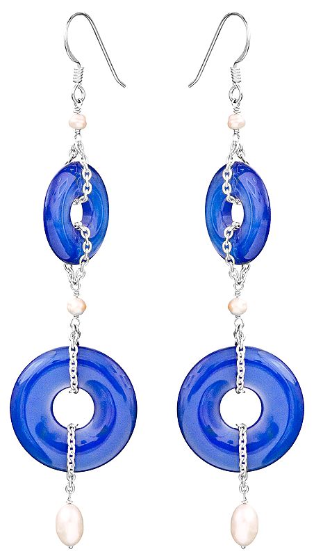 Blue Chalcedony Donut Earrings with Pearl