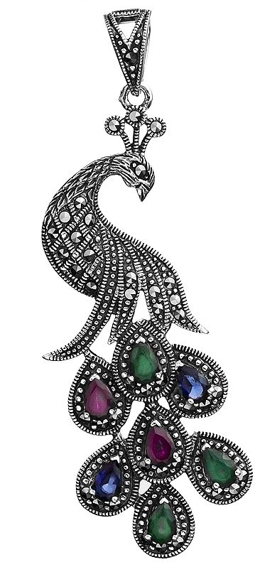 Triple Gems (Emerald, Ruby and Sapphire) Fine Peacock Pendant with Marcasite