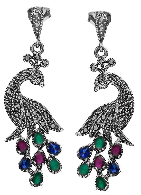 Triple Gems (Emerald, Ruby and Sapphire) Fine Peacock Earrings with Marcasite