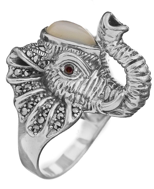 Shell Elephant Head Ring with Garnet Eye