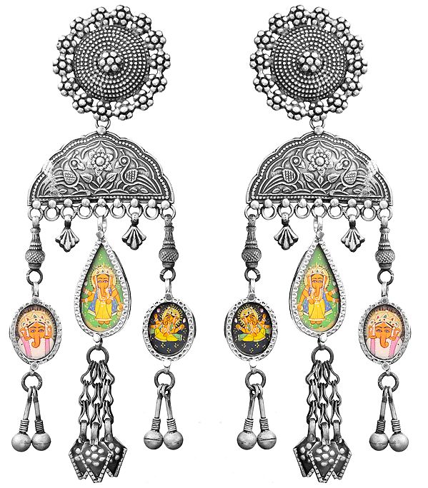 Lord Ganesha Large Post Earrings with Charms