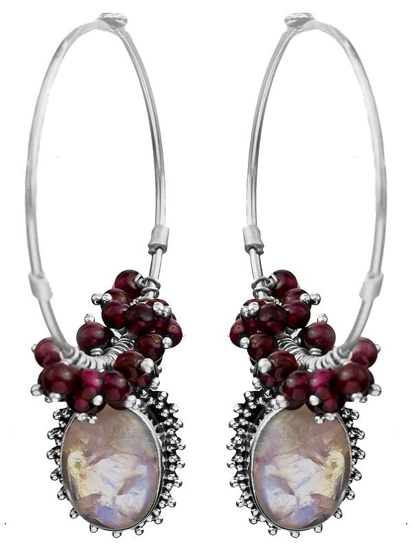 Garnet and Rainbow Moonstone Hoop Earrings