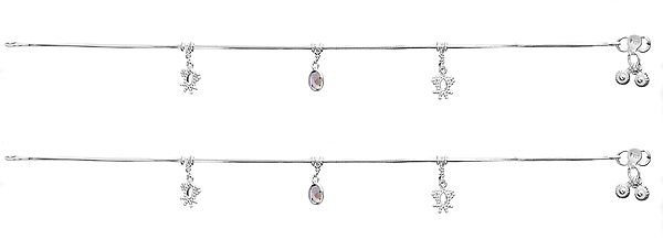 Sterling Chain Anklets with Dangling Amethyst (Price Per Pair)