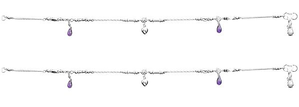 Anklets with Amethyst and  Dangling Heart-Shape Bead (Price Per Pair)