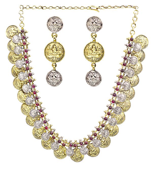 Lakshmi Ganesha Gold Plated Necklace with Earrings Set (South Indian Temple Jewelry)