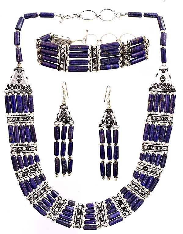 Lapis Lazuli Ladakh Necklace with Matching Earrings and Bracelet Set