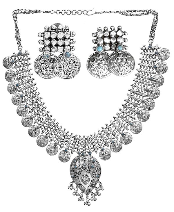 Lakshmi Ganesha Necklace and Earrings Set with Turquoise (South Indian Temple Jewelry)