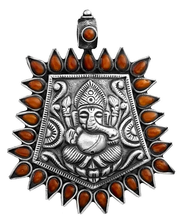 Blessing Ganesha Pendant with Coral (South Indian Temple Jewelry)