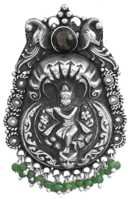 Kaliya Mardan Lila of Shri Krishna (Pendant) with Green Onyx (South Indian Temple Jewelry)