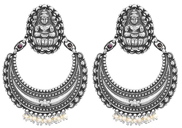 Goddess Lakshmi Crescent-Moon Earrings with Pearl (South Indian Temple Jewelry)