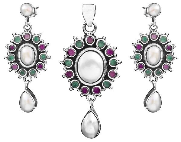 Gemstone Pendant with Earrings Set (Pearl, Green Onyx and Ruby)