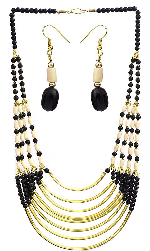 Pearl Black Eight Strand Beaded Necklace with Earrings Set