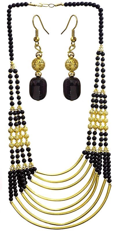 Golden Black Eight Strand Beaded Necklace with Earrings Set