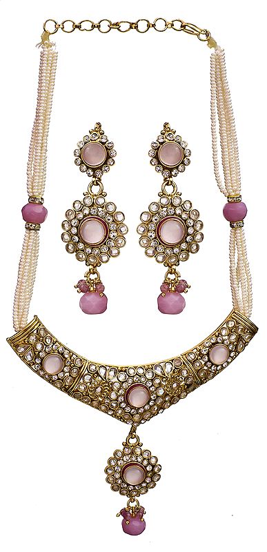 Faux Pearl and Pink Glass Polki Necklace with Earrings Set