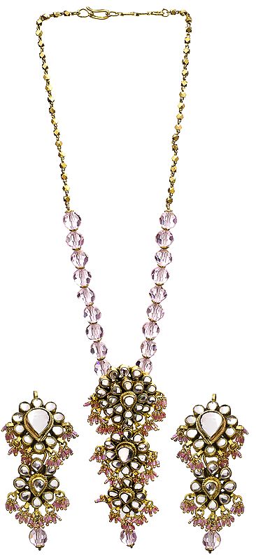 Pink Kundan Beaded Necklace with Earring Set
