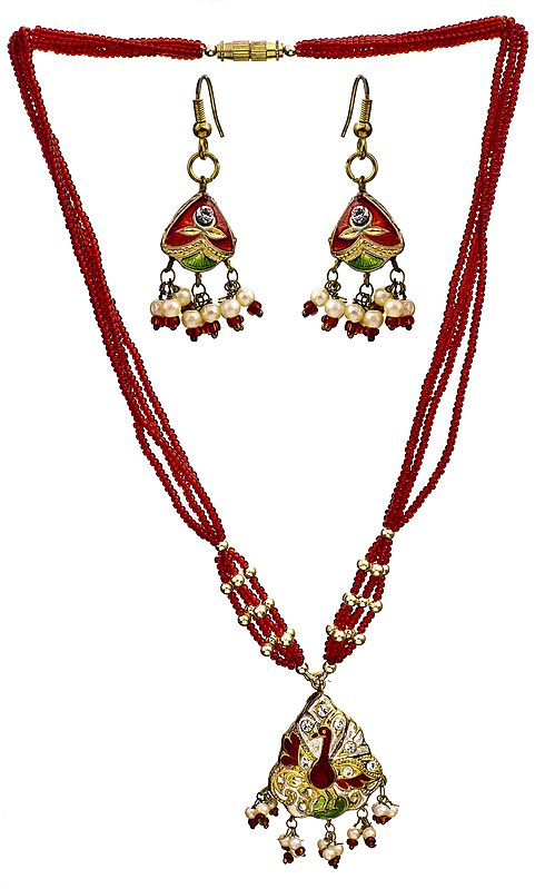 Red Peacock Meenakari Necklace and Earrings Set