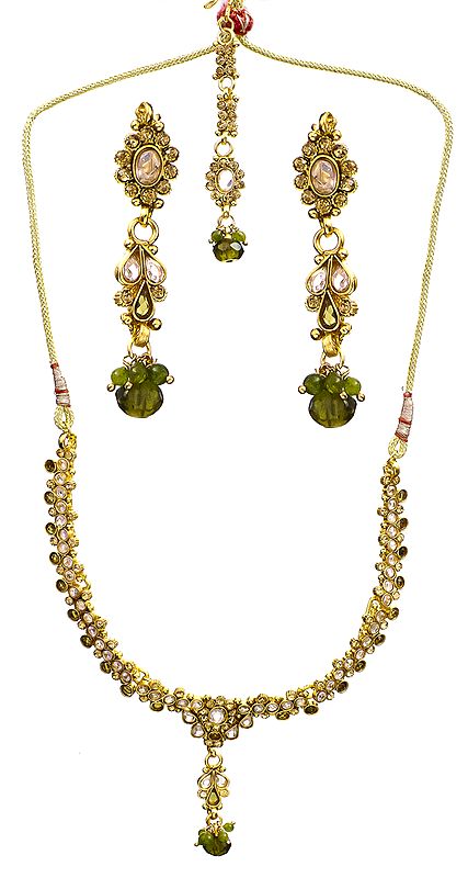 Green Polki Necklace Set with Mang Tika