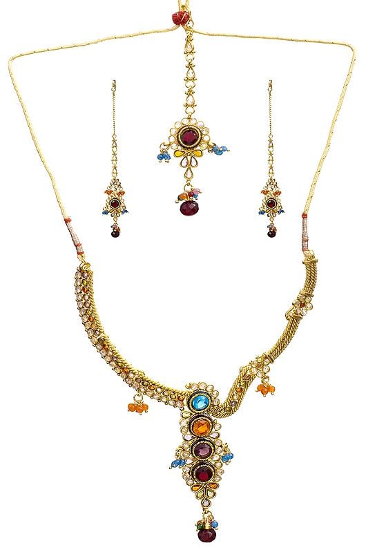 Designer Polki Necklace Set with Mang Tika