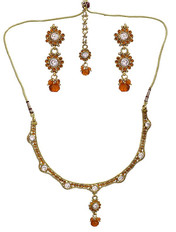 Orange Cut Glass Polki Necklace with Earring and Tika Set