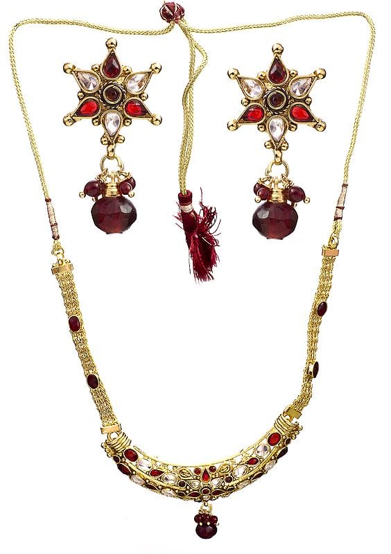 Maroon Polki Necklace Set with Cut Glass