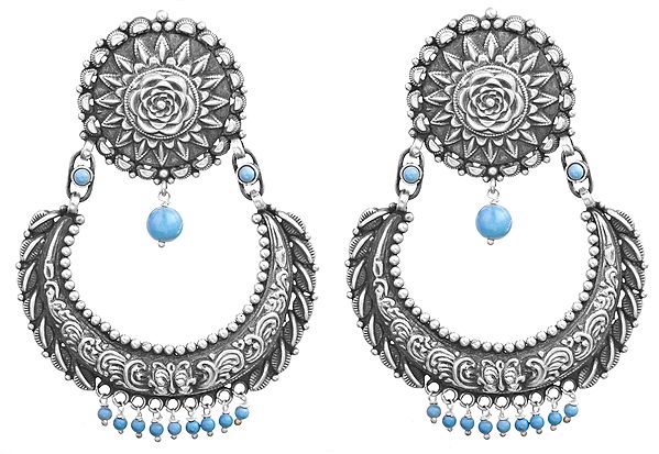 Flowers Crescent-Shape Earrings with Turquoise (South Indian Temple Jewelry)