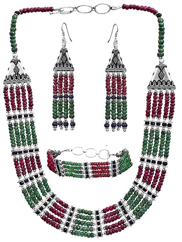 Faceted Gemstone Necklace with Matching Earrings and Bracelet Set (Ruby, Emerald and Sapphire)