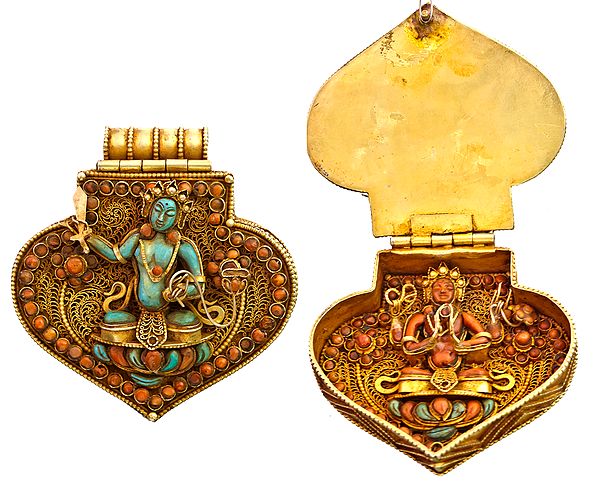 Manjushri and Chenrezig (Shadakshari Lokeshvara) Pendant with Coral and Turquoise