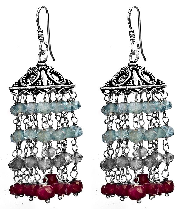 Ruby and Blue Topaz Umbrella Chandeliers Earrings