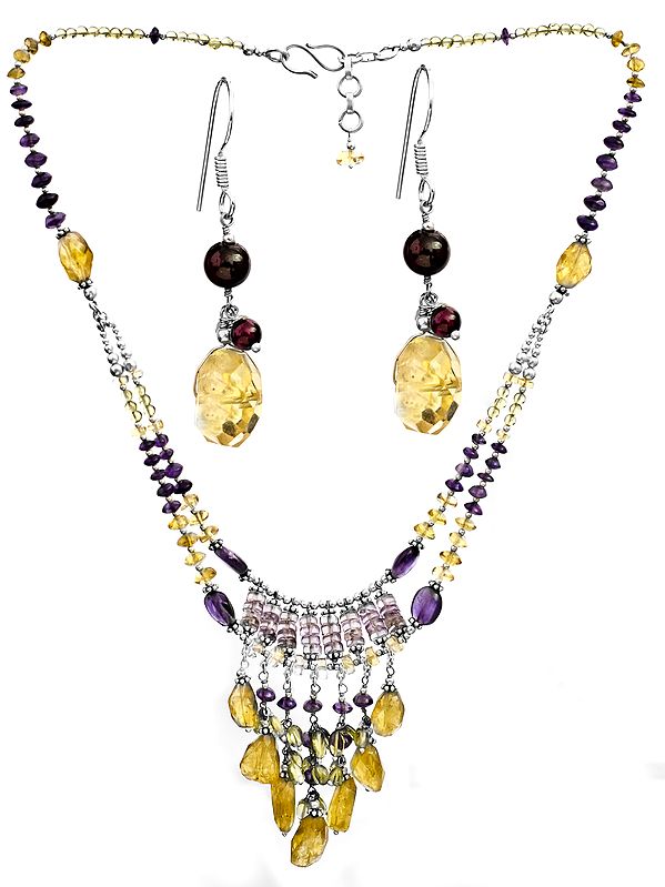 Gemstone Beaded Necklace with Earrings Set (Peridot, Citrine, Amethyst and Garnet)