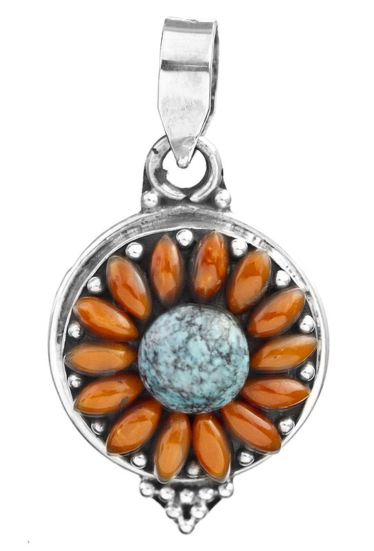 Blooming Flower Pendant with Coral and Turquoise