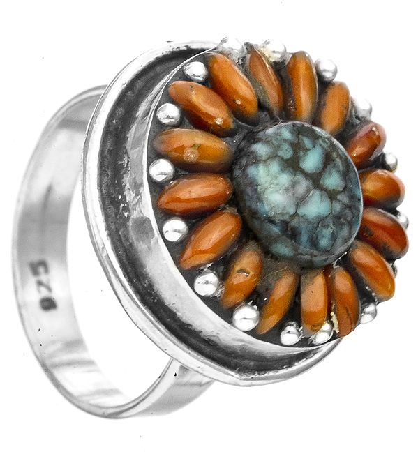 Blooming Flower Ring with Coral and Turquoise