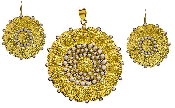 Gold Plated Surya Pendant with Pearl and Matching Earrings Set