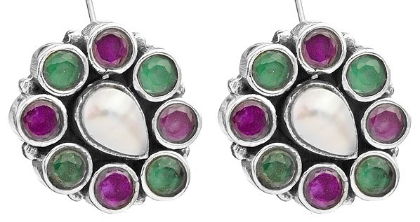 Triple Gemstone Post Earrings (Faceted Ruby, Emerald and Pearl)