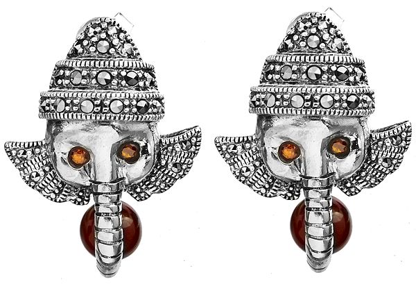 Lord Ganesha Post Earrings with Carnelian and Marcasite