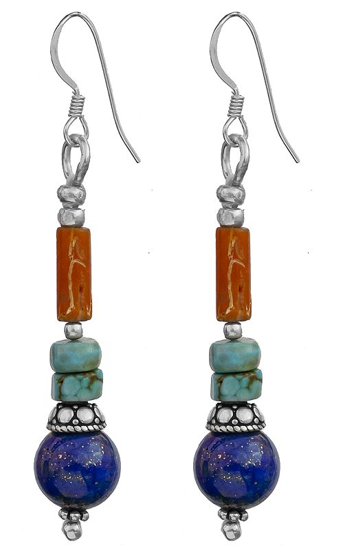 Lapis Lazuli and Coral Earrings with Turquoise
