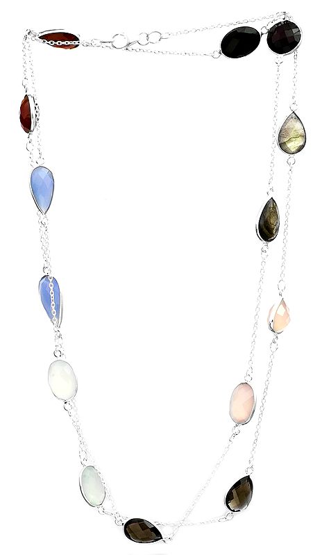 Faceted Gemstone Long Necklace (Black Spinel, Labradorite, Rose Quartz, Smoky Quartz, Prehnite, Blue Chalcedony and Carnelian)