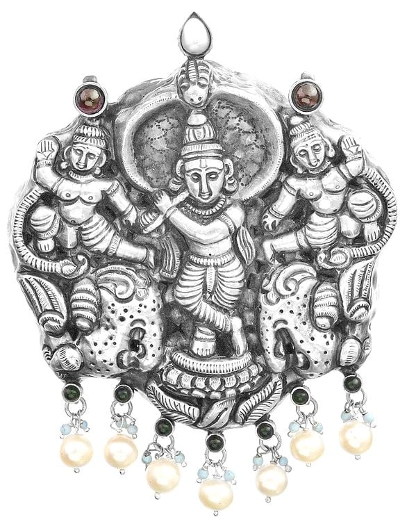 Krishna And Sakhas Pendant, South Indian Temple Jewellery (Multi-Gemstone)
