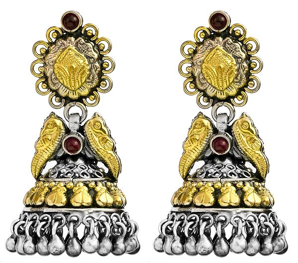 Gold Plated Jhumka Post Earrings with Parrot Pair