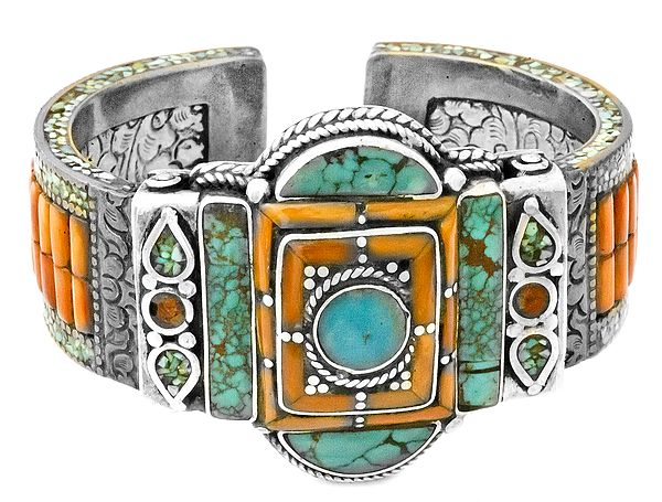 Coral and Turquoise Inlay Bracelet from Ladakh